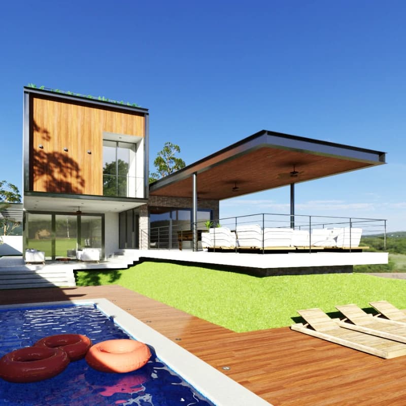 Projeto residencial com fachada em madeira e área de lazer